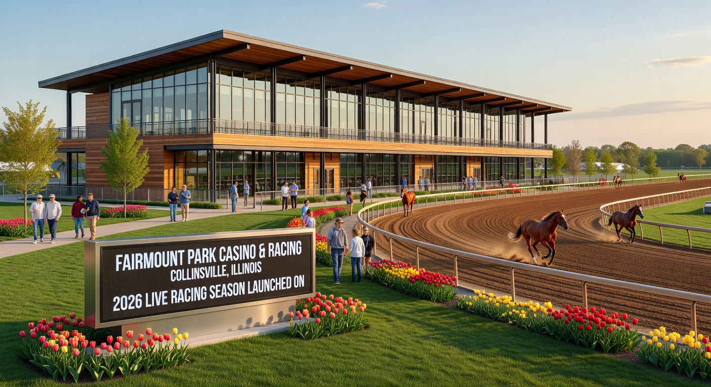 Close-up of jockeys urging horses forward at Fairmount Park, dirt flying from hooves amid a packed field, capturing the raw energy of a mid-race battle