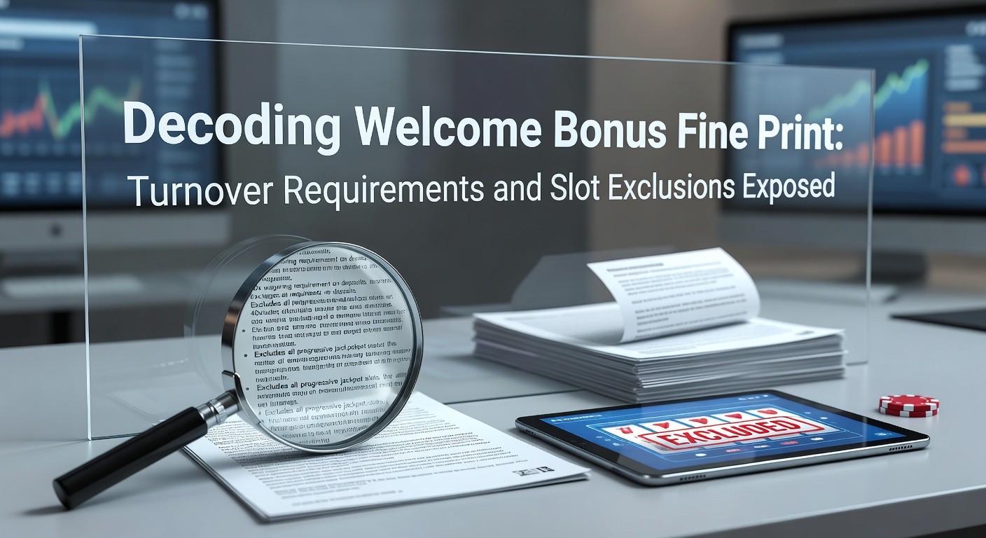 Magnifying glass over casino bonus terms highlighting turnover requirements and slot exclusions in fine print