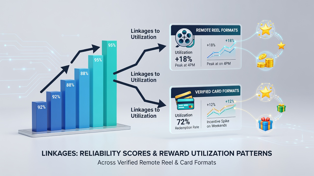 Diagram showing platform reliability metrics connected to reward utilization in remote reel and card gaming environments