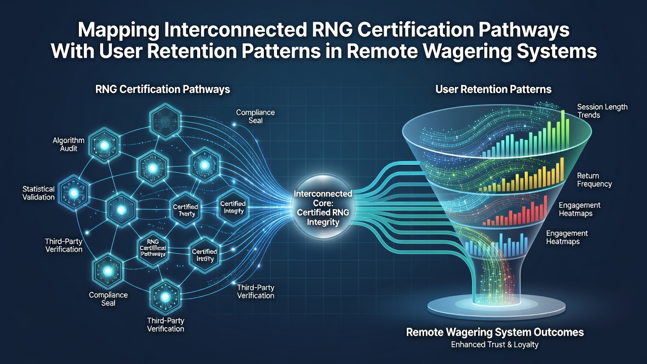Diagram showing RNG certification pathways connected to user retention metrics in online wagering platforms