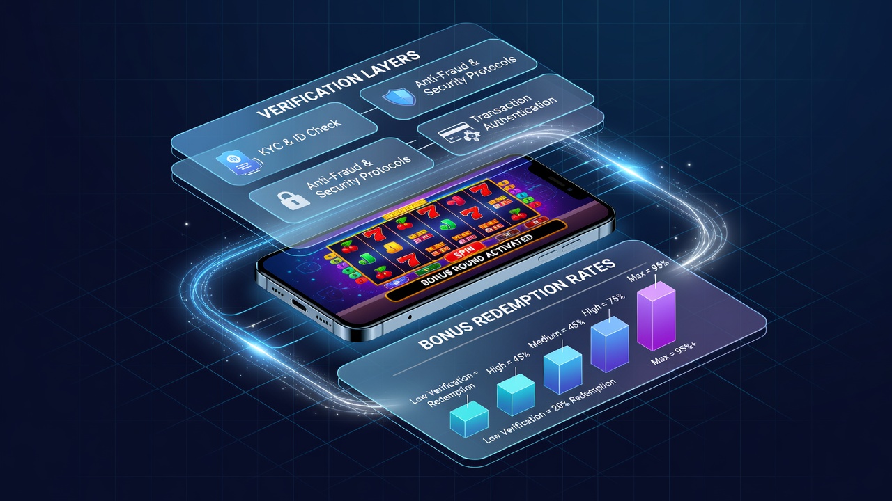 Data visualization of bonus redemption rates linked to verification steps in portable slot gaming