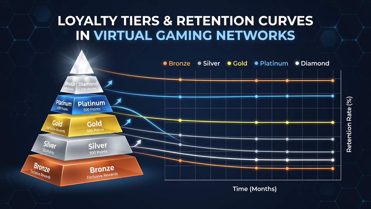 Visualization of loyalty tier progression alongside player retention metrics in online gaming platforms
