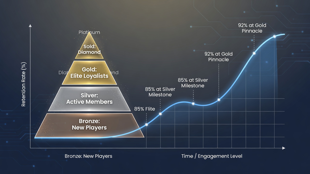 Graph comparing retention curves across different loyalty tier levels in virtual gaming networks